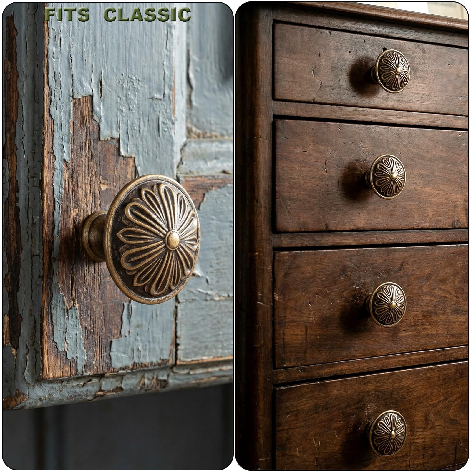 Antique Brass Cabinet Knobs Handles 10 Pack,Solid Zinc Alloy 1.4"Dia Round,Vintage Brass Kitchen Cabinet Handles for Cabinets and Drawers,Drawer Knobs Pulls Vintage Dresser Knobs Closet Door Knobs
