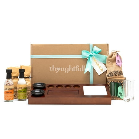 Tequila Serving Set Tequila Cantina Gift Set by Thoughtfully | Includes 4 Tequila Shot Glasses, Chili Salt, Lime Salt, Mini Round Plates and Wood Serving Tray ()