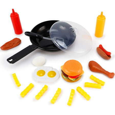 GIFT DEPOT®  Fast Food Cooking Pan 25 Piece Kitchen Play Food Set Kids (Cheese Burger, Hotdog, Chicken, &