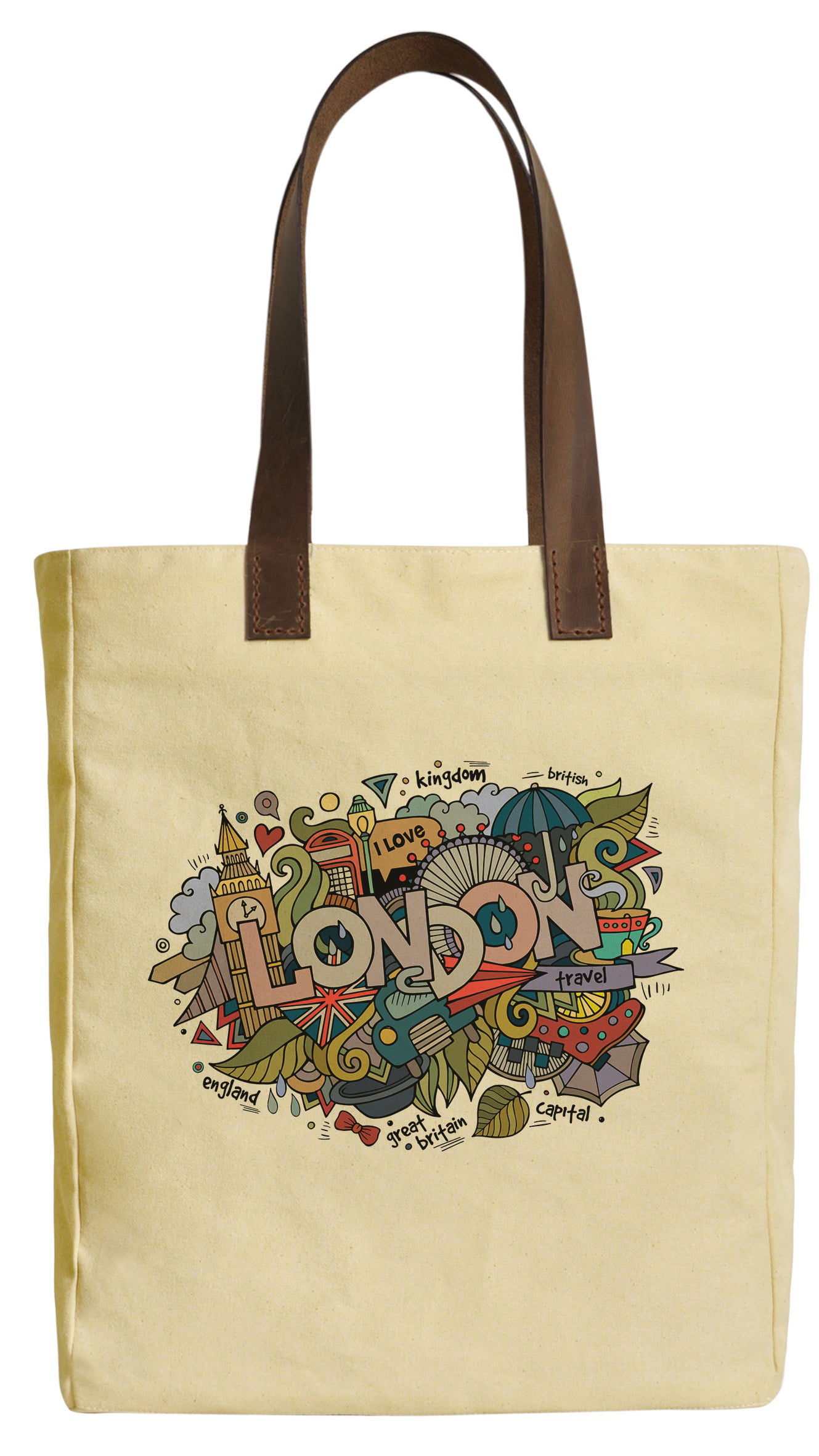 New - London Doodles Elements Beige Printed Canvas Tote Bags Leather ...
