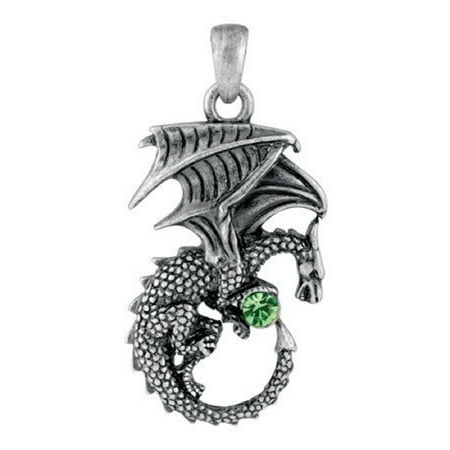 New Fantasy Green - Dragon with Sparkling Green Stone Pewter Pendant Necklace Fantasy Jewelry New