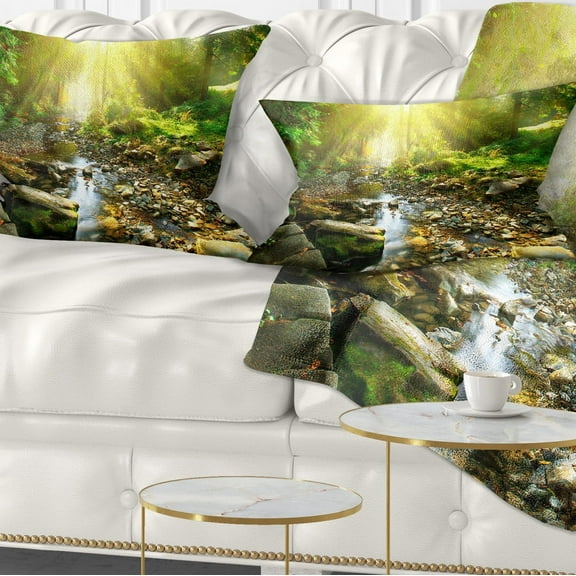 Designart Mountain Stream in Forest - Landscape Photography Throw Pillow - 12x20