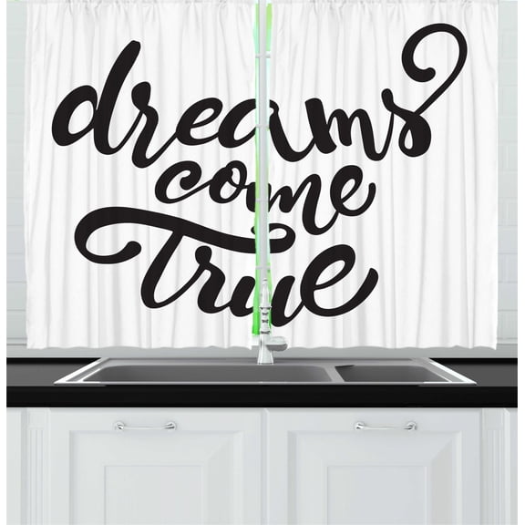 Dream Curtains 2 Panels Set, Inspirational Dreams Come True Lettering on Plain Background Monochrome Design, Window Drapes for Living Room Bedroom, 55"W X 39"L,Black and White, by Ambesonne