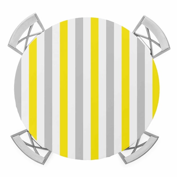 Elastic Fitted Round Tablecloth, Yellow Stripe Waterproof Stretch Table Cover for 55"-60" Tables, Geometric Grey White Vertical Striped Washable Outdoor Tablecloths for Patio, Picnic, Camping