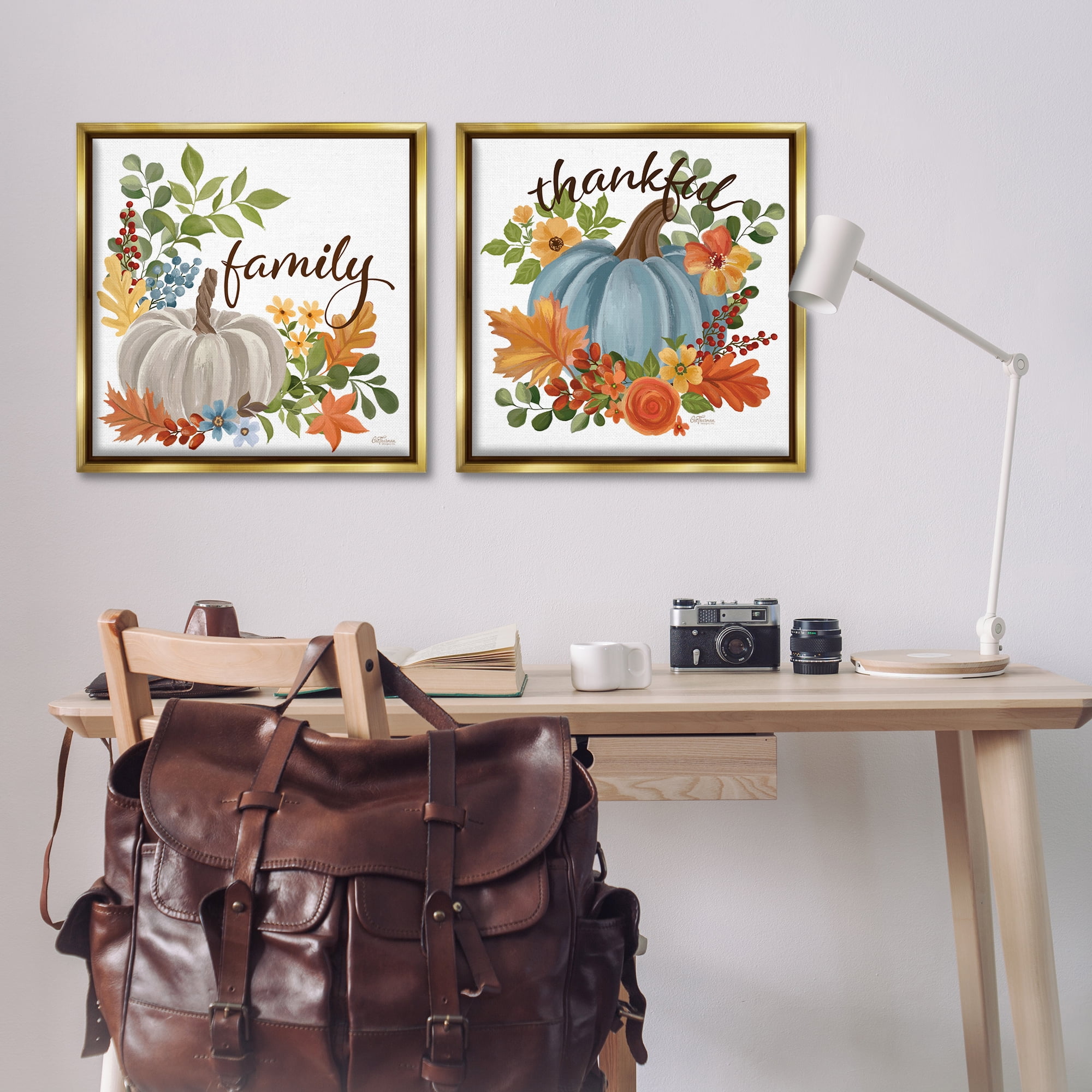 Stupell Industries Family Thankful Fall Pumkin Botanical & Floral Painting Gold Floater Framed Canvas Art Prints Wall Art, 25 x 25, Set of 2