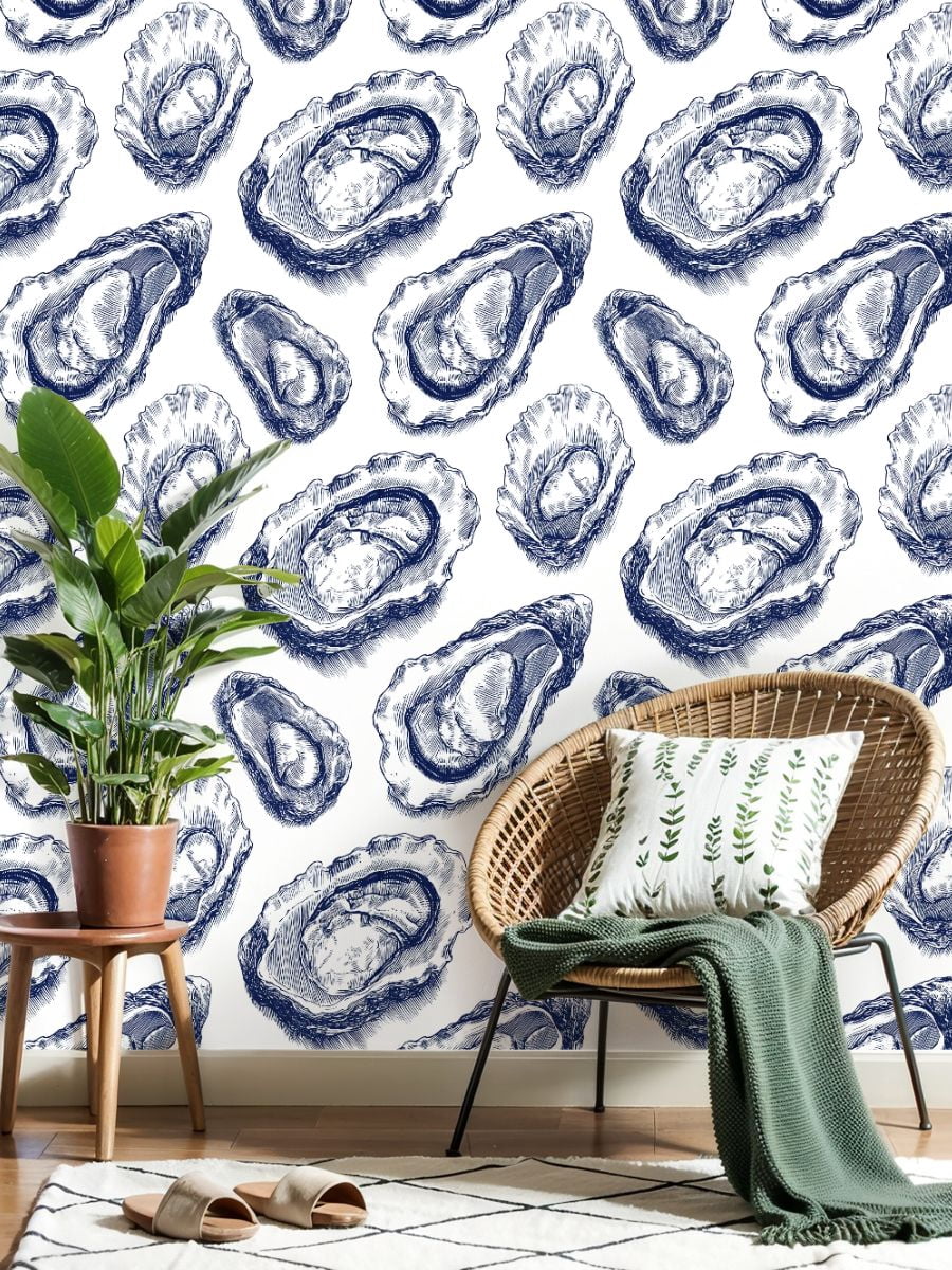 Peel and Stick Wallpaper Oysters Hand Drawn Nautical Blue Ink White Wall Mural 23.6in x 9.8ft Self Adhesive Removable Wall Paper Renter Friendly Wallpaper for Bedroom