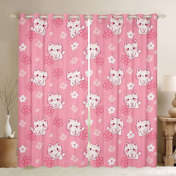 jejeloiu Pink Cherry Blossom Cat Pattern Black Out Curtains Kids,Girly Print Curtains Pack of 2 (42x63 Each)