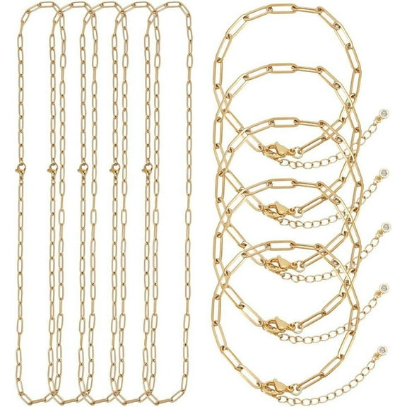 1 Box 10Pcs Gold Paperclip Chain Bracelet Rectangle Link Necklace Metal 304 Stainless Steel Oval Paper Clip Charm Chains Set for Jewelry Making Bracelets Necklaces DIY Crafts Accessories Golden