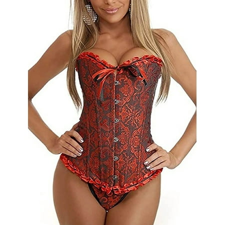 Women Floral Lace Up Corset Overbust Lingerie Waist Cincher Shapewear Top Plus Size Waist Slimming Bustier