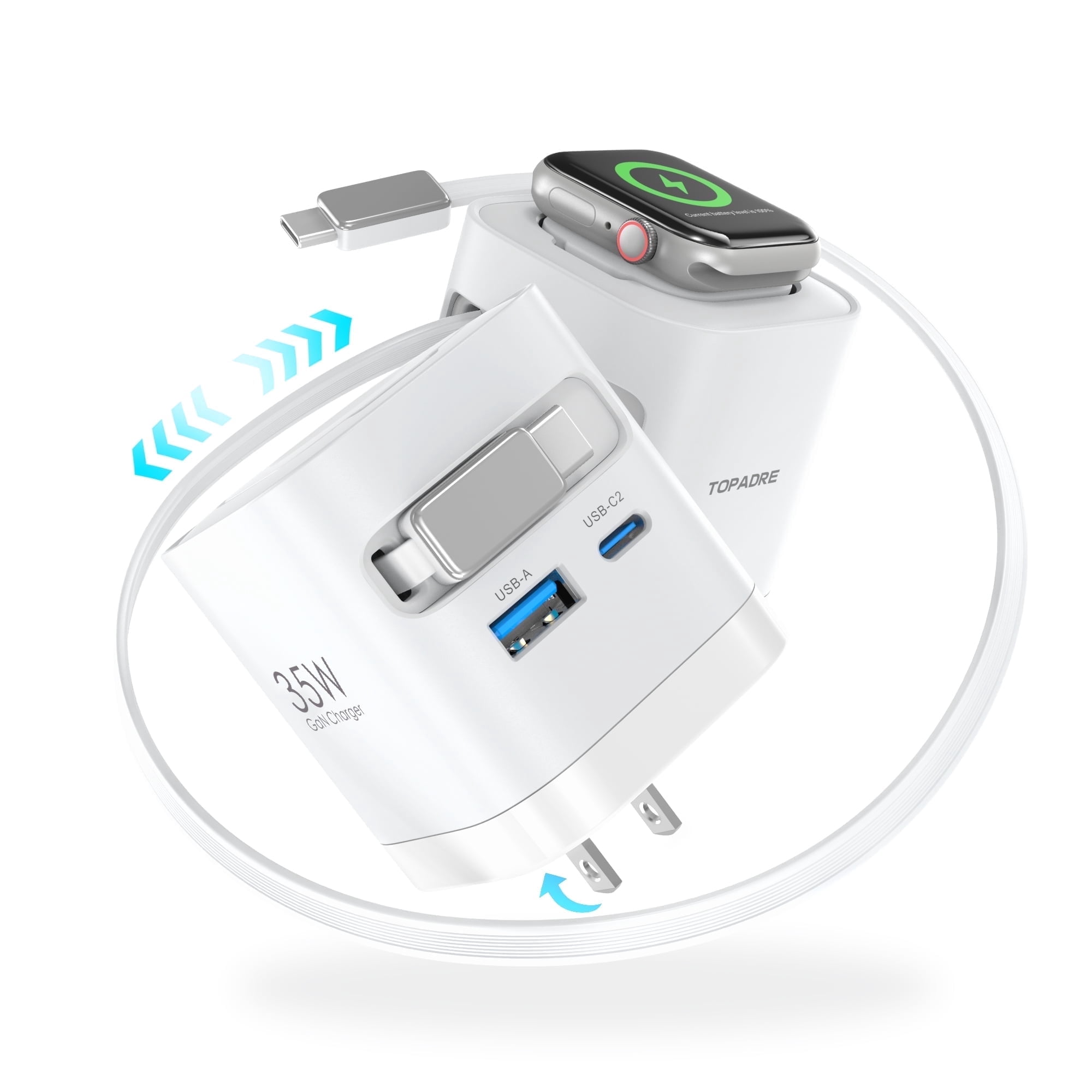 TOPADRE 35W 3-in-1 GaN Wall Charger with Wireless Charging for Apple Watch, USB-C + USB-A Ports, 2.2Ft Retractable Cable, Foldable Plug (White)