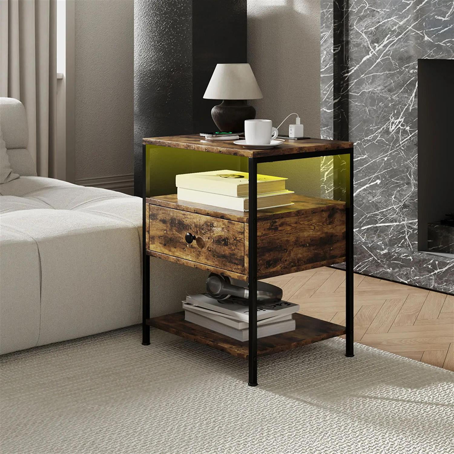 Demi Bonn Nightstand with Charging Station Set of 2, Side Table with Drawers and LED Lights, End Table with Open Shelf for Bedroom, Living Room, Brown