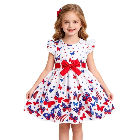 Tisuna Red White And Blue Butterfly Dress For Girls Toddler Kids Ruffled Sleeve Belt Waist Dress 4Th Of July Patriotic Sundress White Size 3-4 Years