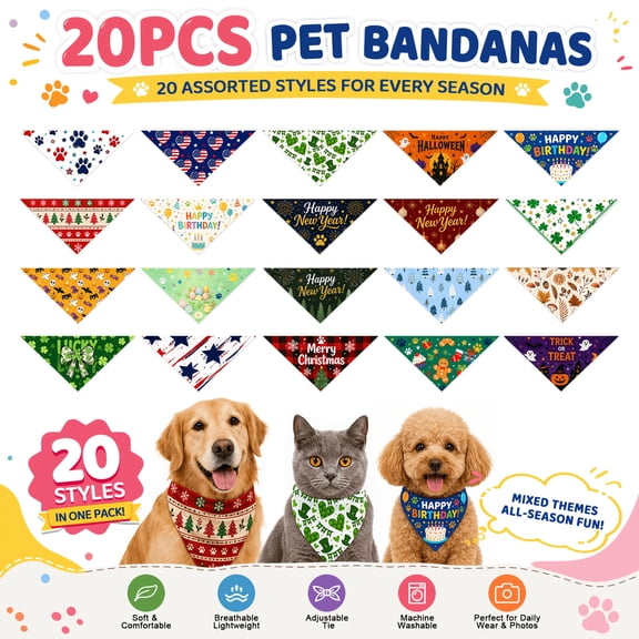 20Pcs Pet Holiday Scarf Gift Box Set Dog Bandanas Bulk Washable Triangle Scarf Pet Bibs for Medium Large Dogs Birthday Halloween Christmas New Year St. Patrick's Day Costume Accessories