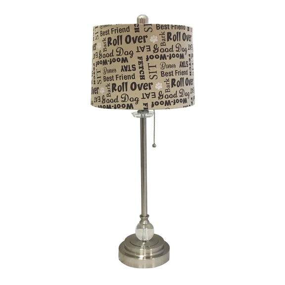 Royal Designs 28" Crystal and Brushed Nickel Lamp with Cream and Brown Dog Lover Print Drum Hardback Lamp Shade