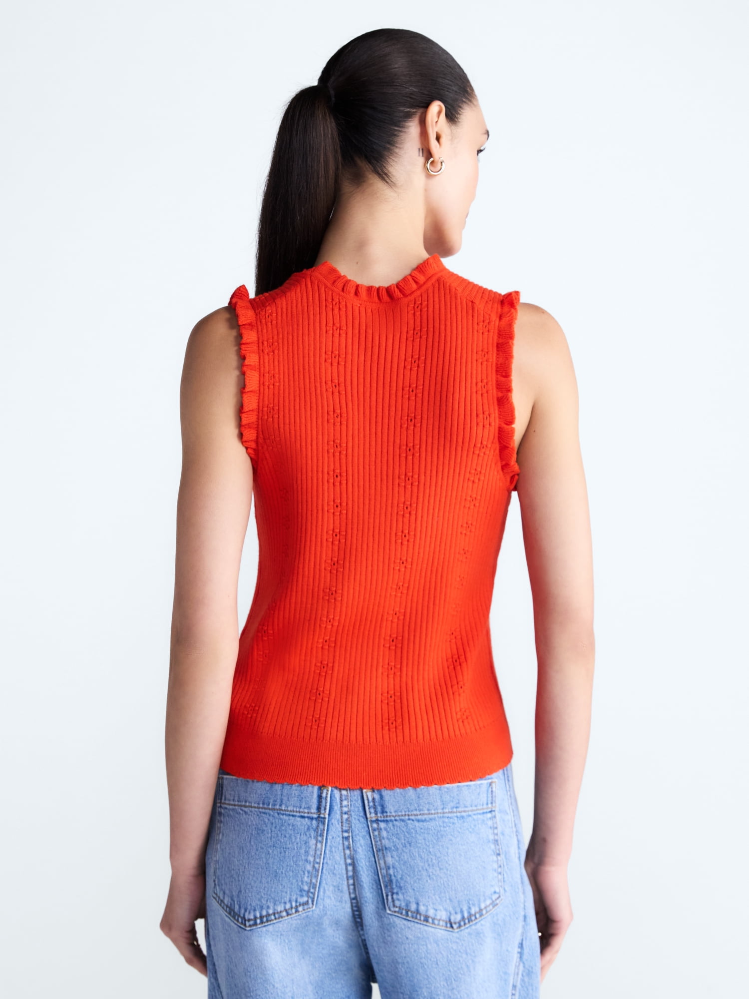 Free Assembly Women's Ruffle Trim Pointelle Sweater Shell, Lightweight, Sizes XS-XXL