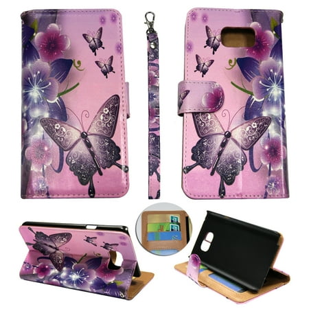 Fashion Note (Butterfly Flower Pink Wallet Folio Case for Samsung Galaxy Note 5 Fashion Flip PU Leather Cover Card Slots &)