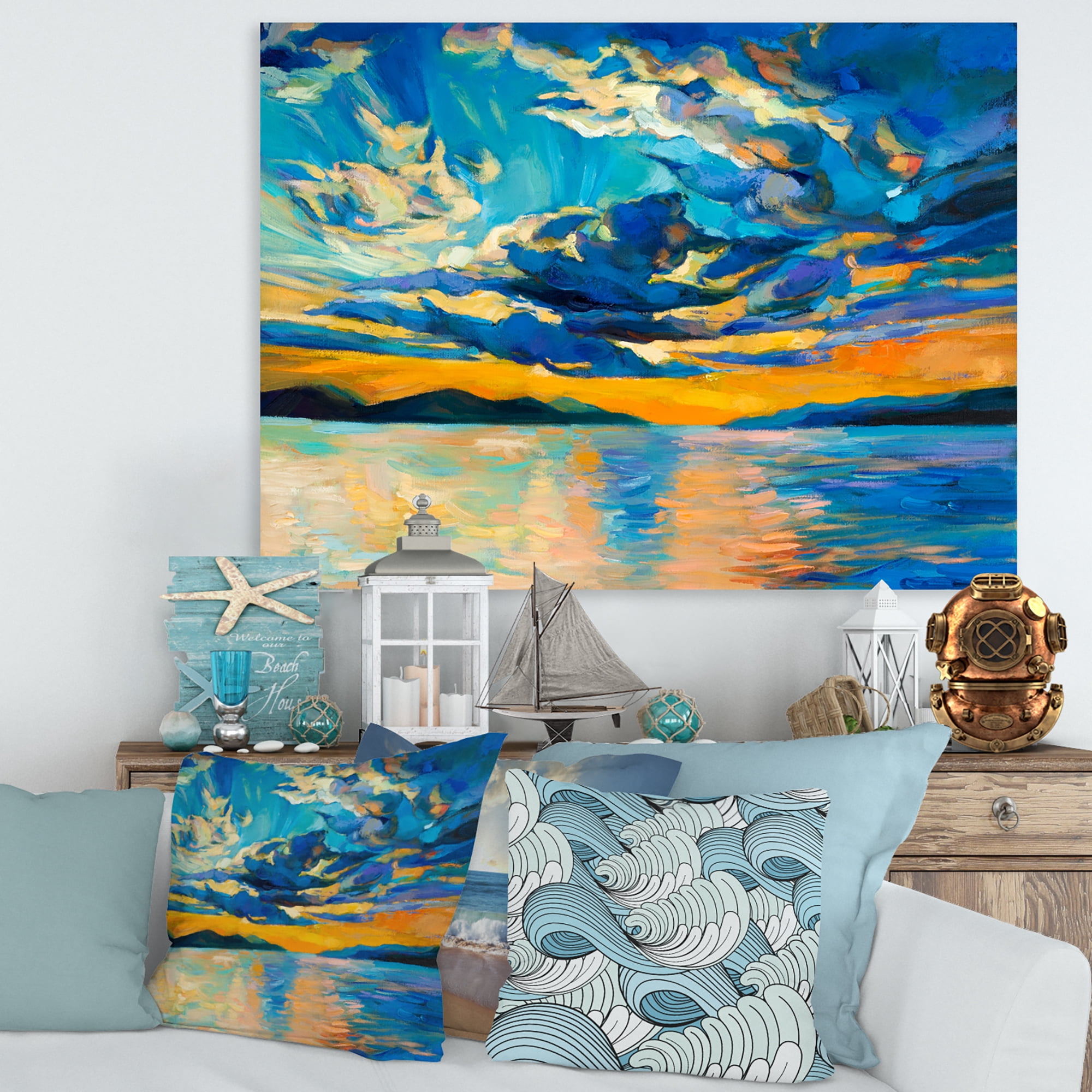 Designart ' Cloudy Sunset Over Wide Open Ocean Horizon ' Nautical & Coastal Canvas Wall Art Print