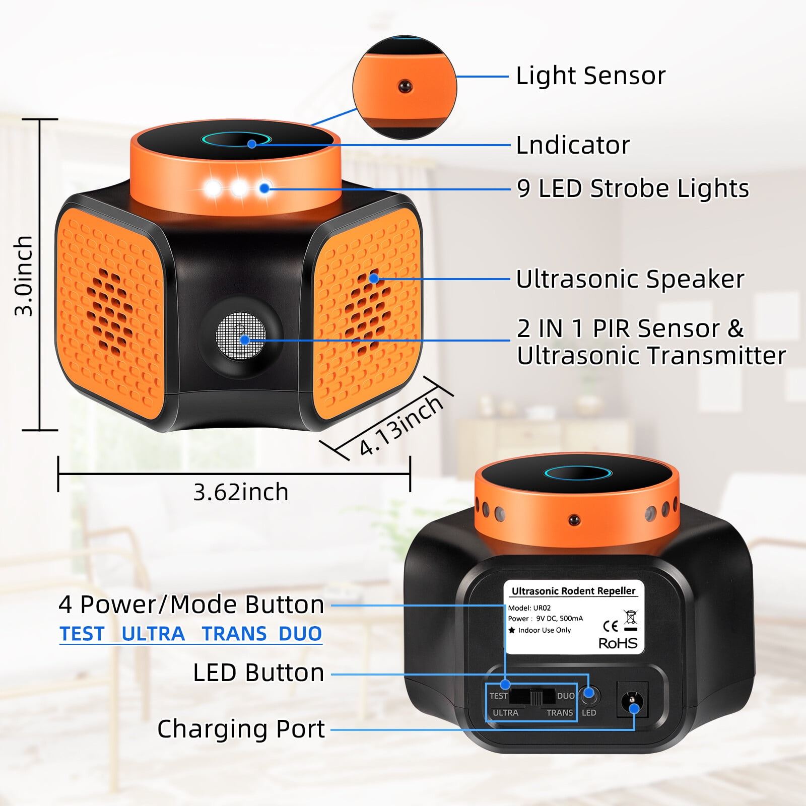 Paddsun Ultrasonic Mouse Repellent with 360° Coverage, LED Strobe Lights, Safe for Home and Pets