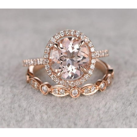 1.50 Carat Round Cut Morganite and Diamond Halo Bridal Set in Rose Gold: Bestselling Design Under Dollar
