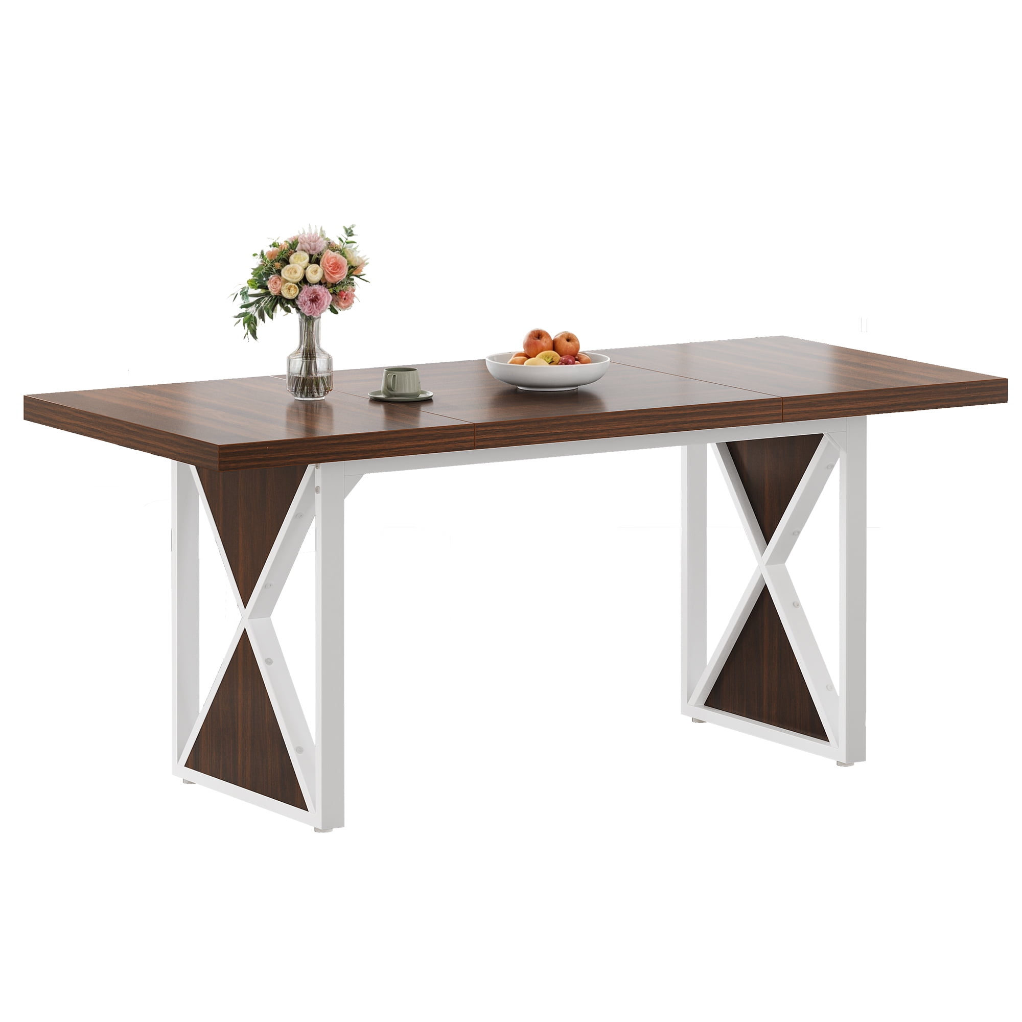 Dextrus 70" Dining Table for 6-8 People, Large Rectangular Wood Kitchen Table Farmhouse Dinner Table with Metal Legs for Dining Room, Kitchen, Brown & White