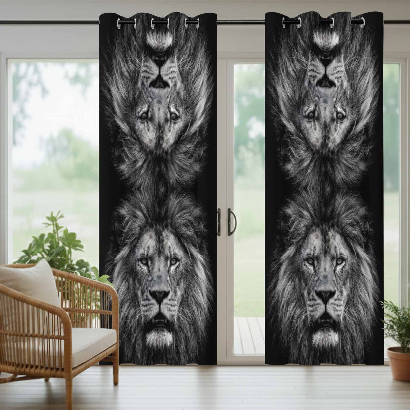 Lion Outdoor Curtains for Patio, Modern Minimalist Black White Powerful Wild Animal Lion Head Sunshade Privacy Drapes Grommet Waterproof Outside Curtains for Porch/Cabana/Balcony 54"x 108", 1 Panel