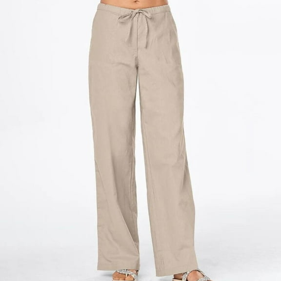 Simua Women's Linen Drawstring Elatsic Waisted Pants Casual Solid Color Loose Fit Straight Wide Leg Trousers for Spring Fall Khaki XXL