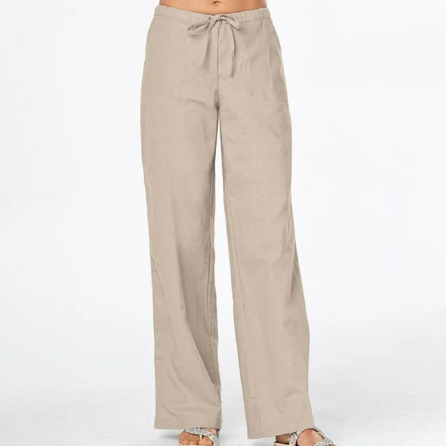 LSLJS Women's Spring and Solid Color Elastic Waist Cotton Linen Versatile Straight Tube Casual Wide Leg Pants Womens Work Pants