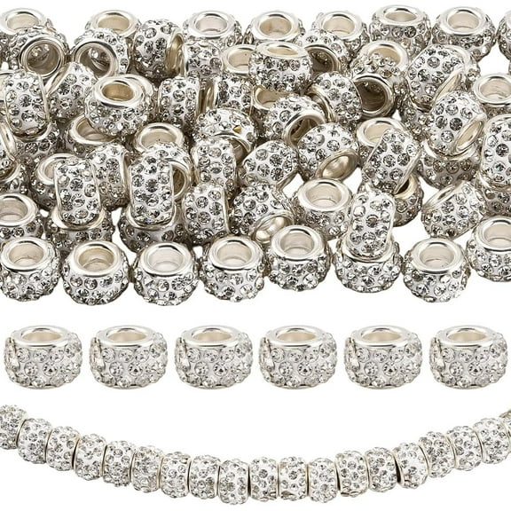 1 Box 120PCS European Rhinestone Beads Large Hole White Diamond Hair Fairy Wand Clay Glitter Rondelle Spacer Charms Bead Bulk for Jewelry Making Pens Bracelets DIY Craft Supplies