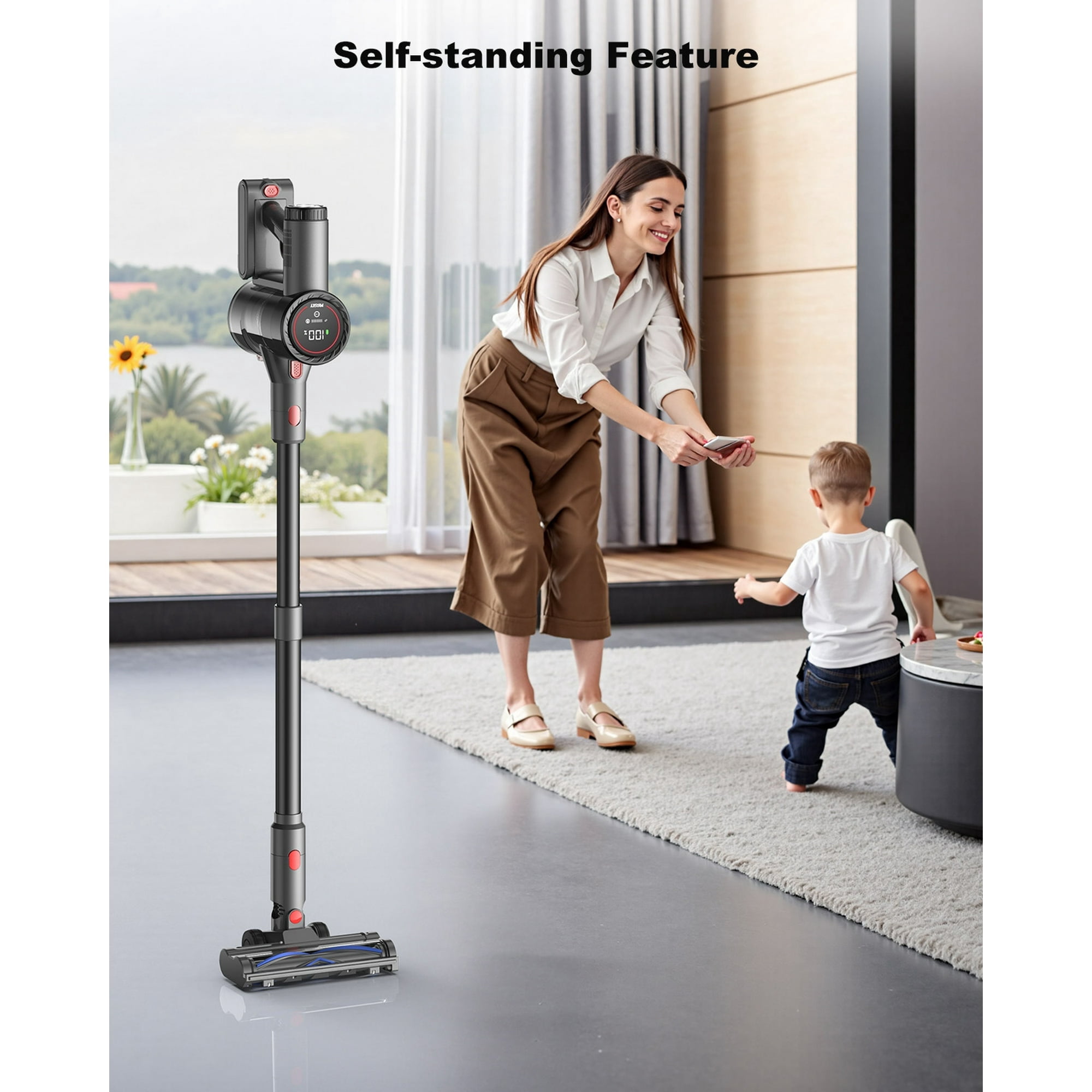PRASKY Cordless Stick Vacuum Cleaner Adjustable Length Lightweight for Carpet, Hard Floor, Pet Hair (Black)