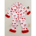 thumbnail image 3 of Elippeo Girl Valentine's Day Pajama Sets Heart Bow Print Lapel Neck Button-up Tops Elastic Waist Long Pant Plush Loungewear Set 1 2 3 4 5 6 7 8 9 Years, 3 of 8