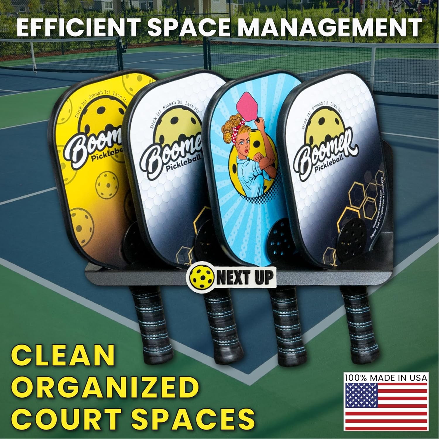 Boomer 45D Pickleball Paddle Rack, 4 Paddle Holder with 45 Degree Display, Heavy Duty Steel Court Organizer