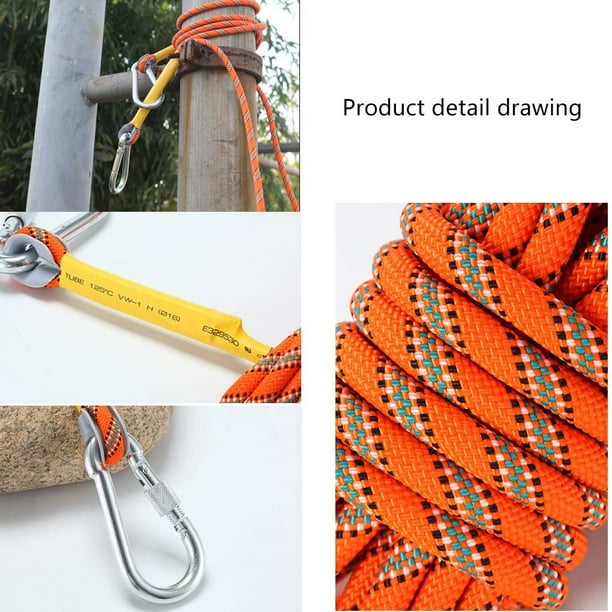 Outdoor Climbing Rope with Hook,10M(32ft),20(64ft),30M(98ft),50M(164ft),Downhill  Climbing Equipment,Rock Climbing Rope,Life-Saving Rope,Fire-Survival Rope,Rescue  Equipment,Orange (10) 