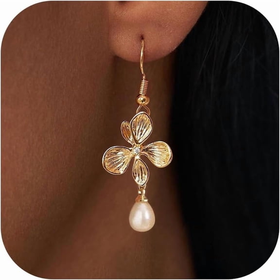 Pearl Earrings for Women - 14K Gold Plated Bridal Pearl Drop Earrings Elegant Wedding Studs for Brides