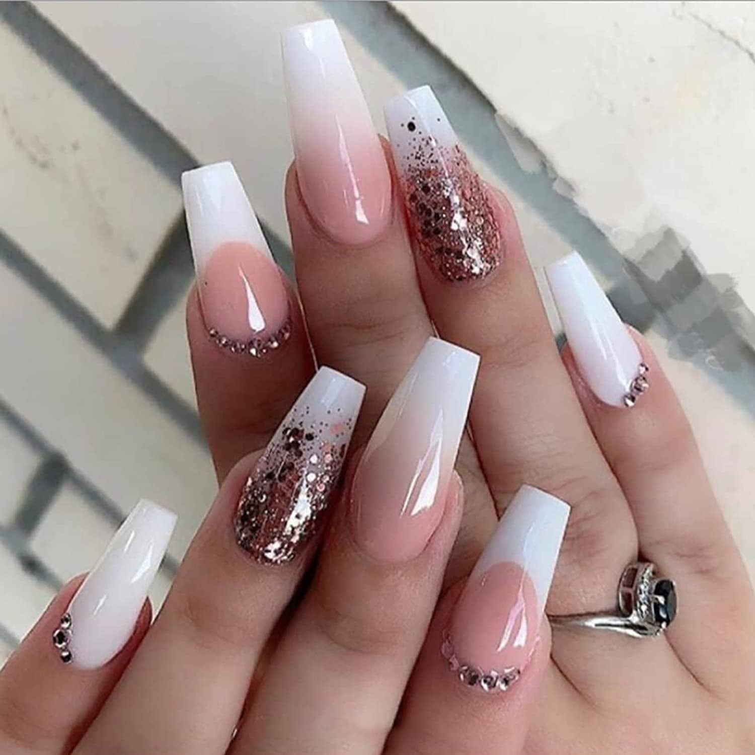 Press On Nail, White Nude Ombre Nails With Rhinestones, Luxury Extra Long  Ballerina Coffin Fake Nails, False French Tips Artificial Finger Manicure  For Women And Girls(French Glitter) - Walmart.Com