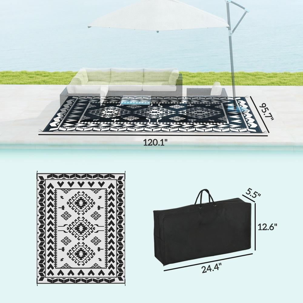 8' x 10' Black & White Rhombus Patchwork Reversible Outdoor Rug, Waterproof Patio Camping Mat with Carry Bag, Foldable Portable Indoor Outdoor RV Carpet