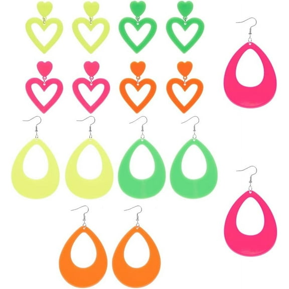 1 Box 8 Pairs 2 Style Neon Earrings 80s Retro Teardrop Heart Earrings Acrylic Dangle Drop Earrings Hollow Teardrop Heart Earrings Dangle Neon Earrings for Women Costume Party