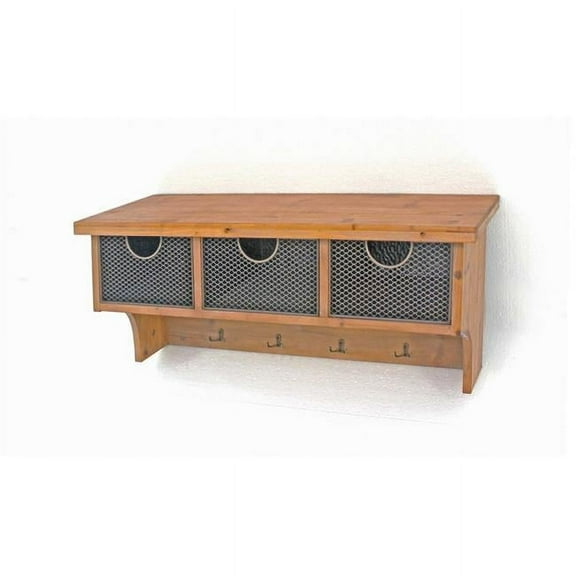 Rustic Wooden Wall Shelf with 3 Drawers & Hooks, Brown