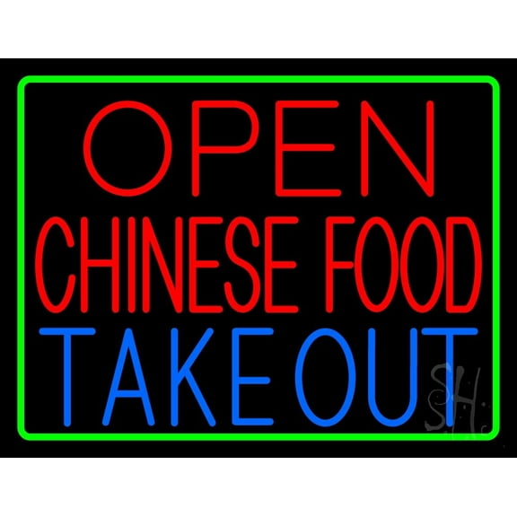 Open Chinese Food Take Out LED Neon Sign 24 x 31 - inches, Black Square Cut Acrylic Backing, with Dimmer - Bright and Premium built indoor LED Neon Sign for restaurant window and interior decor.