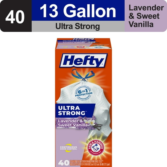 Hefty Ultra Strong 13 gallon Trash Bags, Tall Kitchen Trash Bags, White, Lavender and Sweet Vanilla Scent, 40 Bags