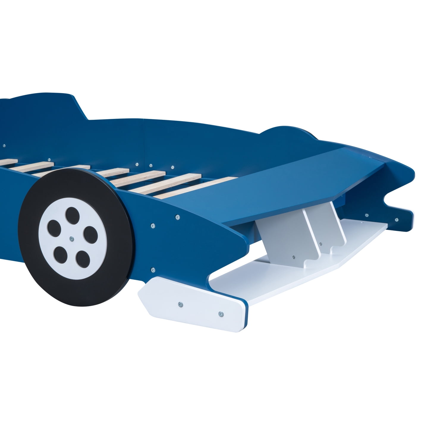 Full Size Race Car-Shaped Platform Bed, Full Bed Frame with Wheels, Full Car Bed with Slat Support for Kids, Child's Bedroom, Blue
