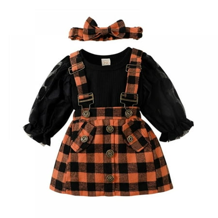 

SYNPOS Newborn Baby Girl Fall Clothes Puff Sleeve Ribbed Romper Plaid Suspender Skirt Set Christmas Outfits 0-18 Months