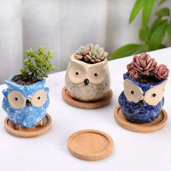 6PCS Flowerpot Tray Ceramic Coaster Square Round Succulent Flower Pot Bamboo Tray