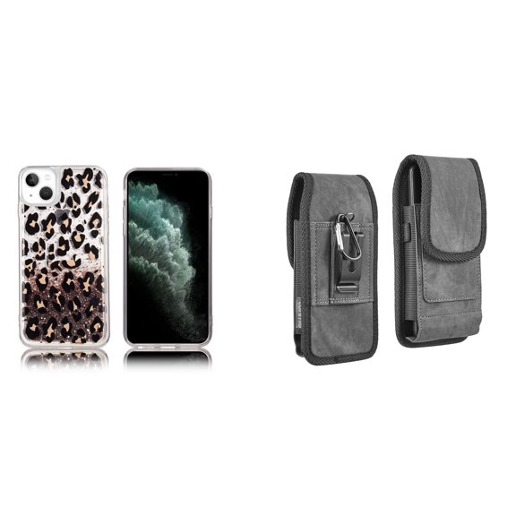 Liquid Glitter Case for iPhone 14 Plus and Belt Holster Pouch - Leopard