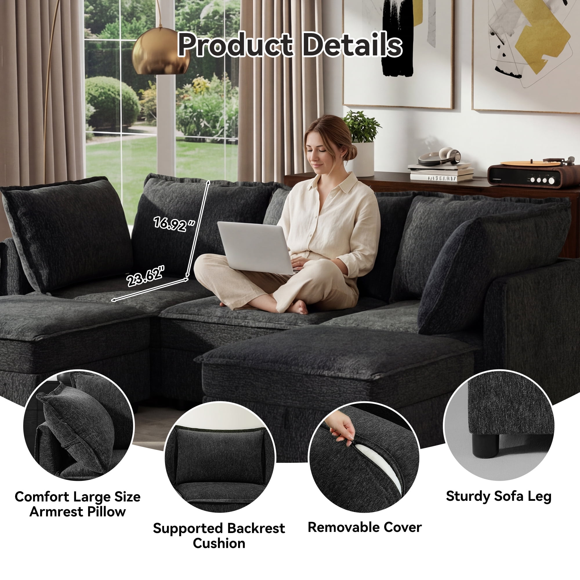 BedLuxury 97" Modular Sectional Sofa with Storage, U-Shaped Modern Sofa Couch with Movable Ottomans for Living Room, Office,Dark Gray