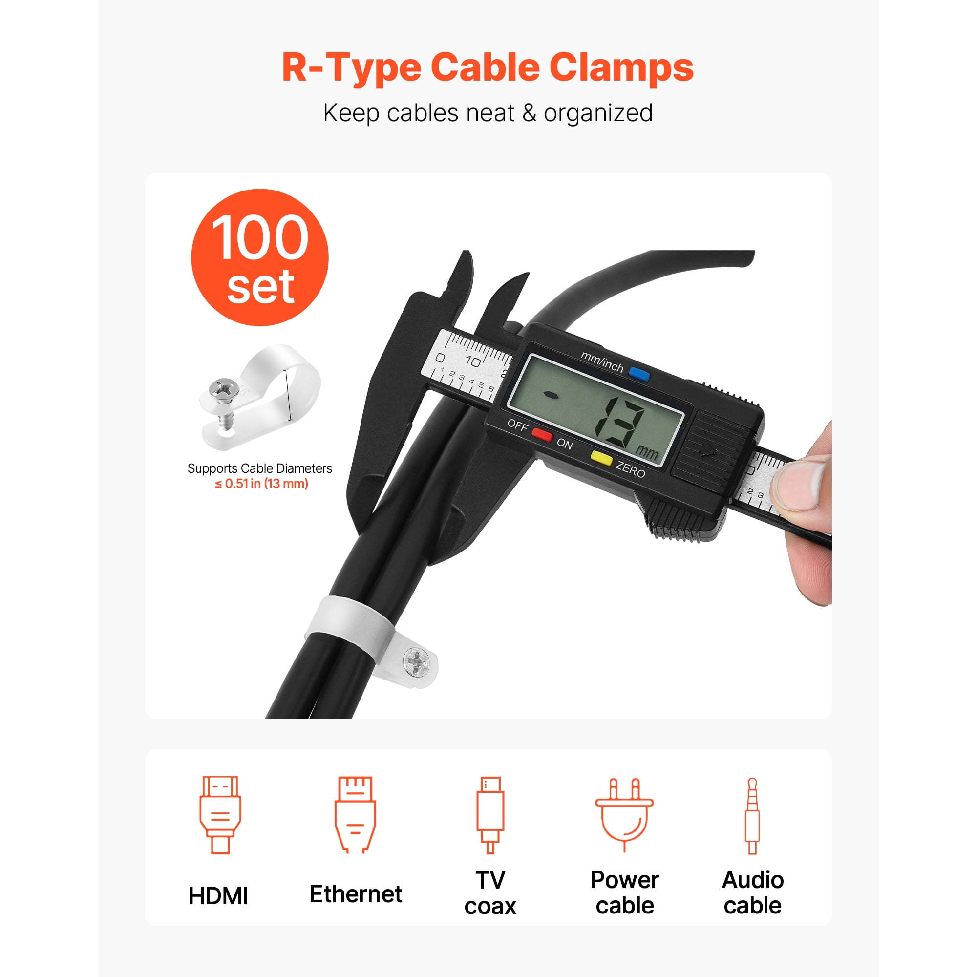 KFFKFF R-Type Cable Clip, 0.51 in Wire Clamp, 100 Pack Nylon Screw Mount Cord Fastener Clips with Screws, Electrical Wire Clamp for Cable Management, Wire Organizer & Cord Holder (White)
