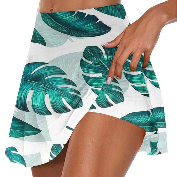 Faldas de Verano para las Mujeres Impresión Hoja Plisado Tenis Atlético Elástico Pantalones Cortos, Falso Dos Piezas Pantalones Falda para Diario