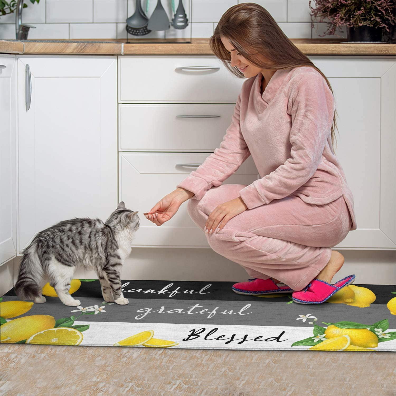 Lemon Kitchen Rug Set,Farmhouse Kitchen Rugs Fruit Runner Rugs with Rubber Backing,Throw Rugs Washable for Kitchen Sink,Laundry Room,Spring&Summer Rug,Lemon Kitchen Decor