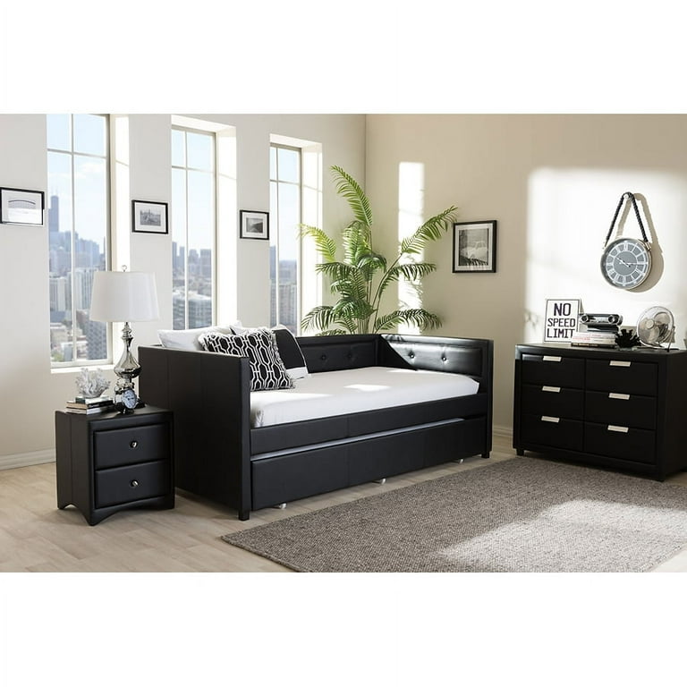 Baxton Studio Frank Modern and Contemporary Black Faux Leather Button-Tufting Sofa Twin Daybed with Roll-Out Trundle Guest Bed Baxton Studio Frank Modern and Contemporary Black Faux Leather Button-Tufting Sofa Twin Daybed with Roll-Out Trundle Guest Bed