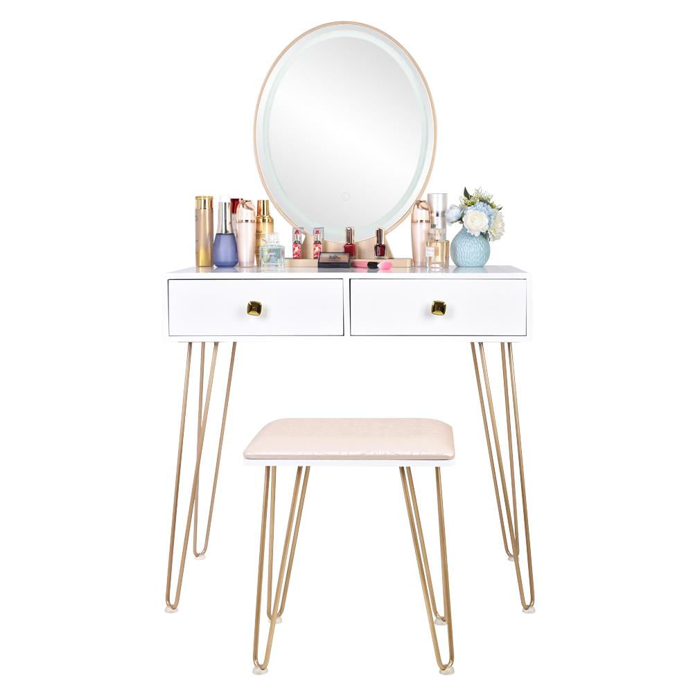 Ubesgoo Vanity Table Set With Touch, Vanity Set With Round Lighted Mirror White