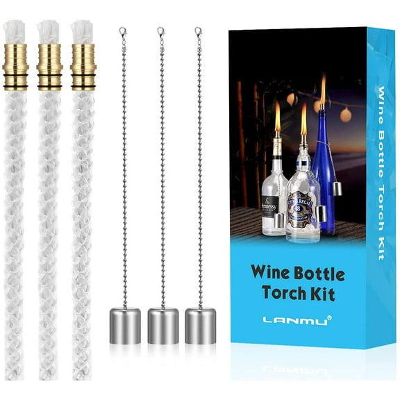 Wine Bottle Torch Wicks, Outdoor Patio Backyard Torches Lights, Oil Lamps Replacement Wick Hardware Kit, DIY Homemade Torch Decor (3 Pack)